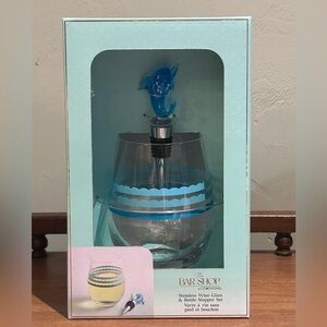 The Bar Shop Stemless Wine Glass & Dolphin Bottle Stopper Set. New In Box!